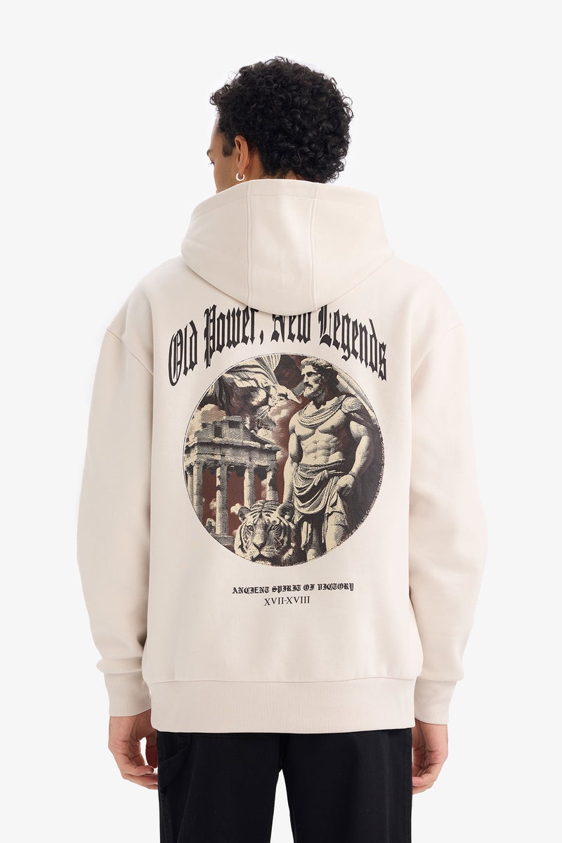 DeFacto Beige Man Boxy Fit Printed Long Sleeve Hoodie Casual - Image 5